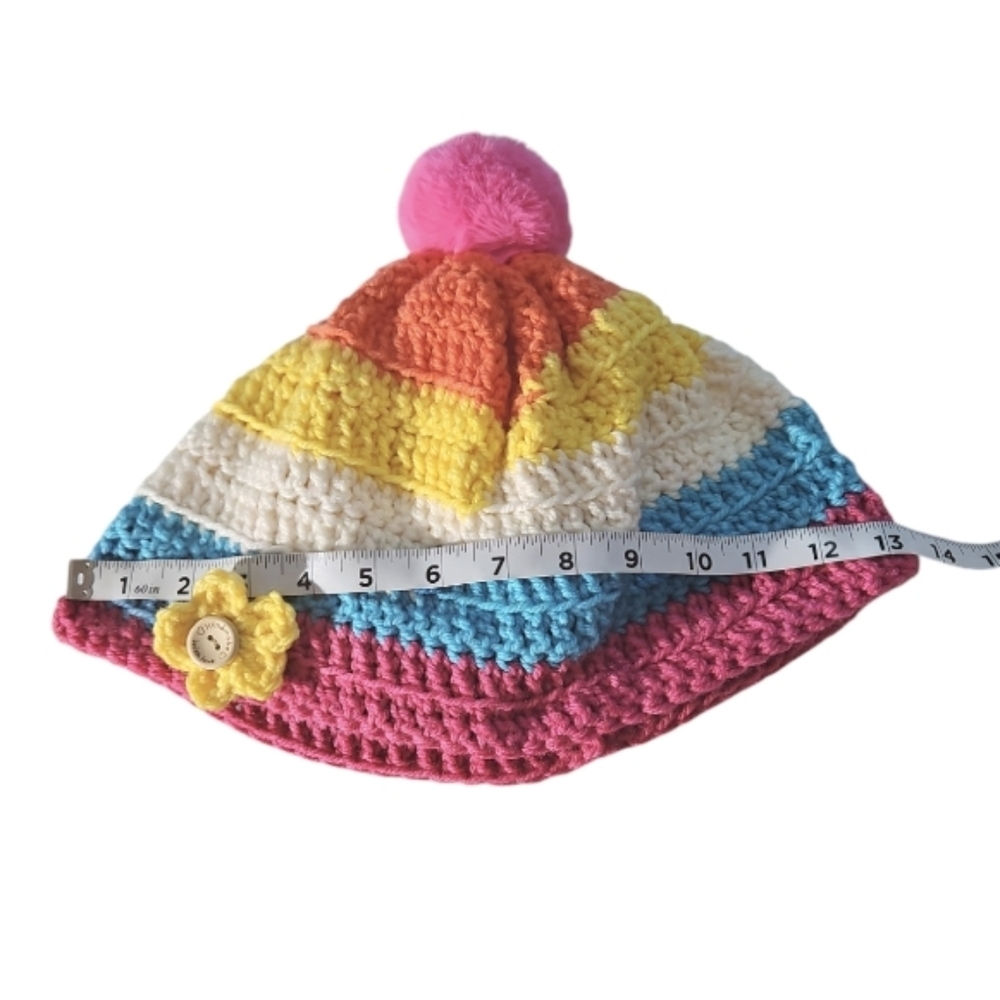 Hand Crafted Crochet Beanie Oversized Multicolored Pink pompom winter hat unique - Picture 15 of 17